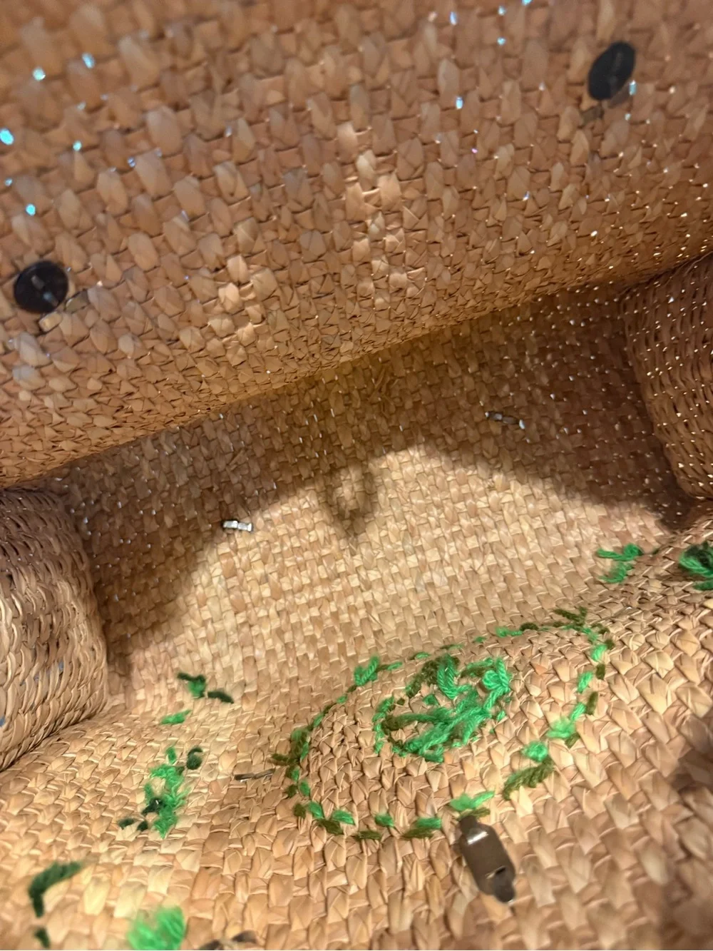 Embroidered Straw Tote Bag with Green Floral Accent